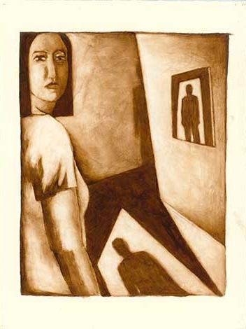 woman with ominous shadow in doorway
