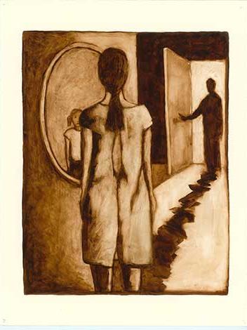 woman with ominous shadow in doorway