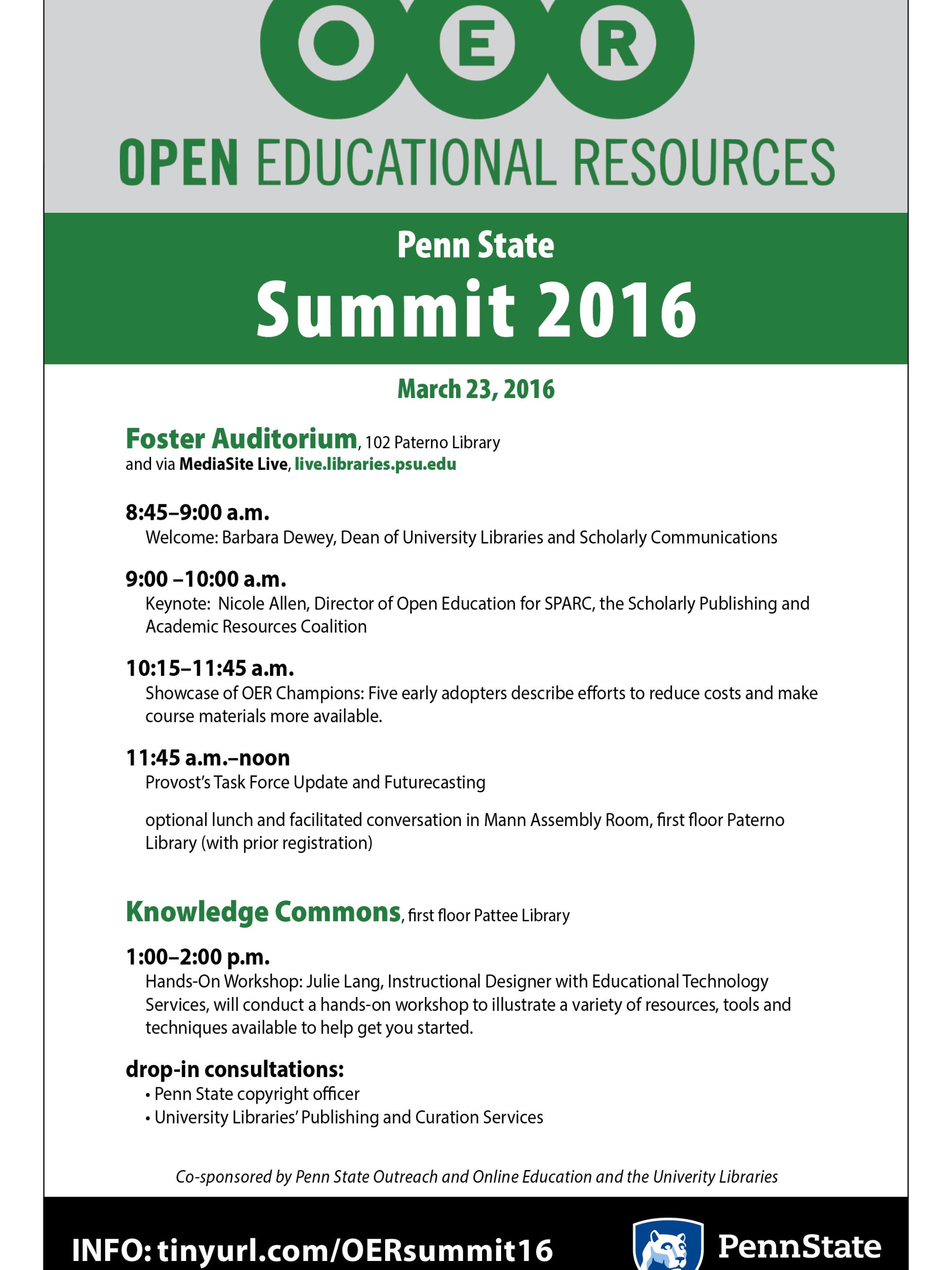 green and black vertical sign with agenda listed for Penn State Open Educational Resources Summit on March 23, 2016