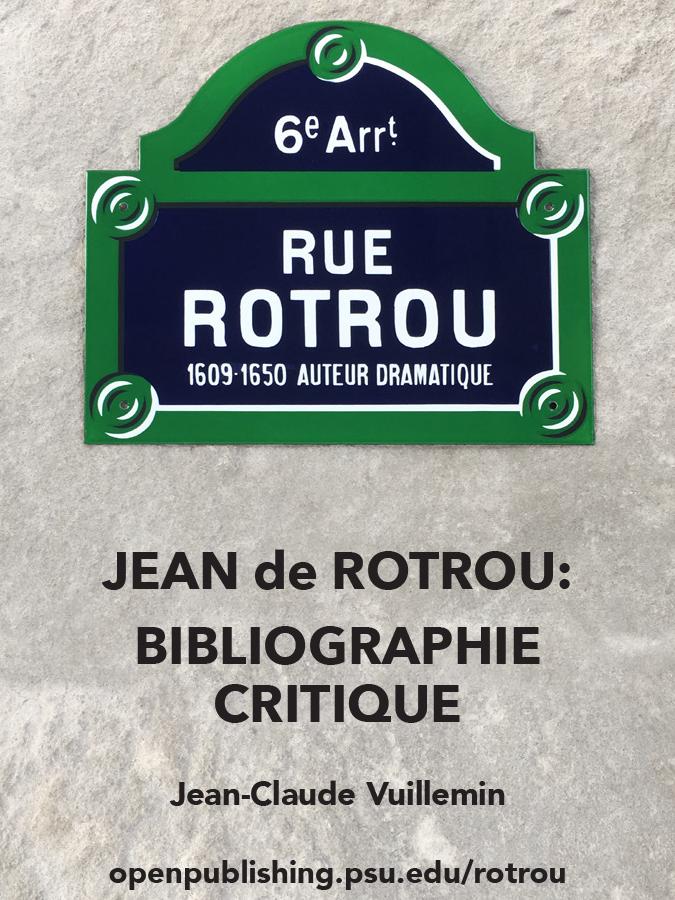 promotional illustration with a French street sign "Rue Rotrou" for poet and dramatist Jean de Rotrou above bibliography information