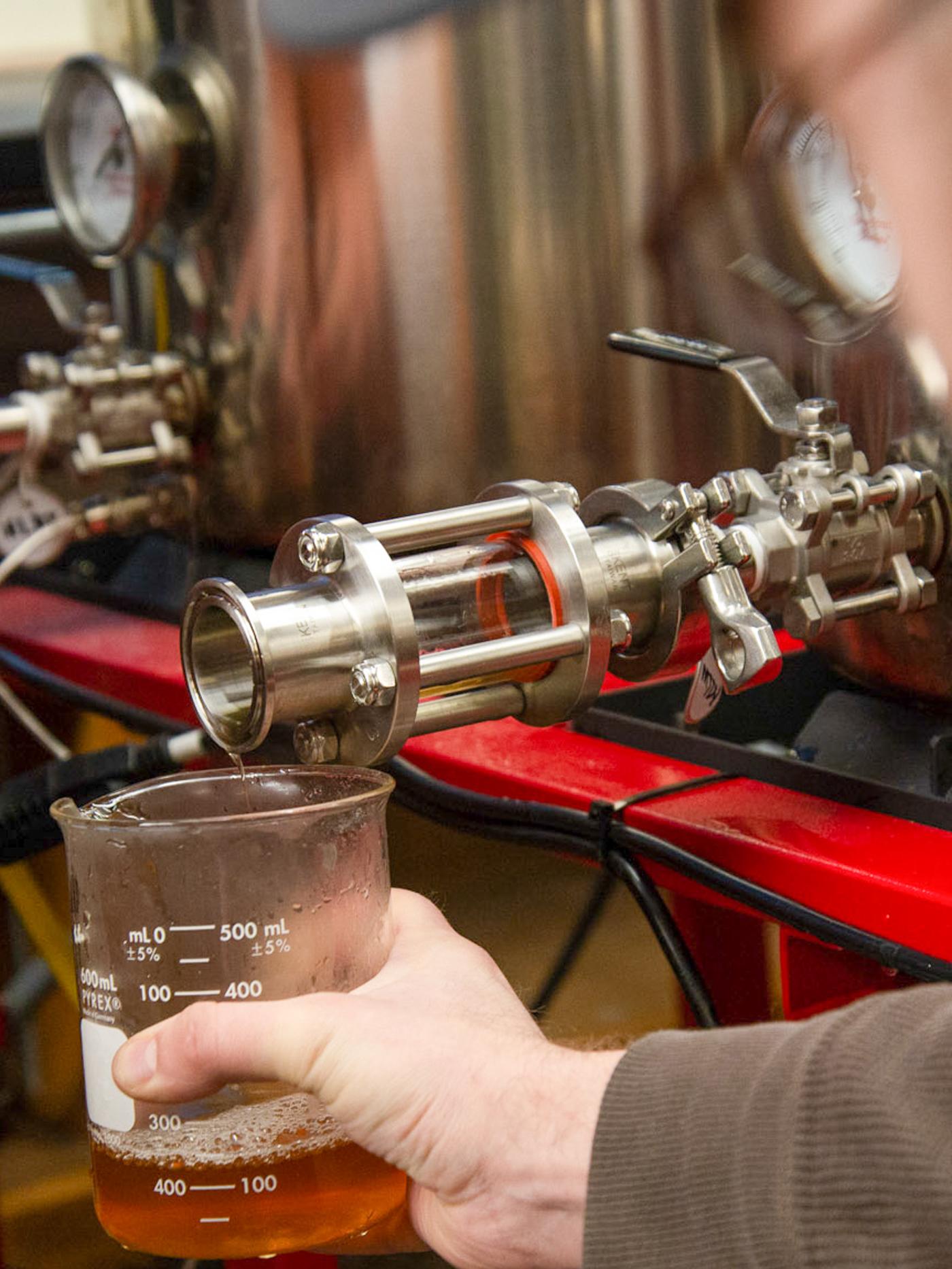 A person holds a measuring cup under the spigot of a brewing tank