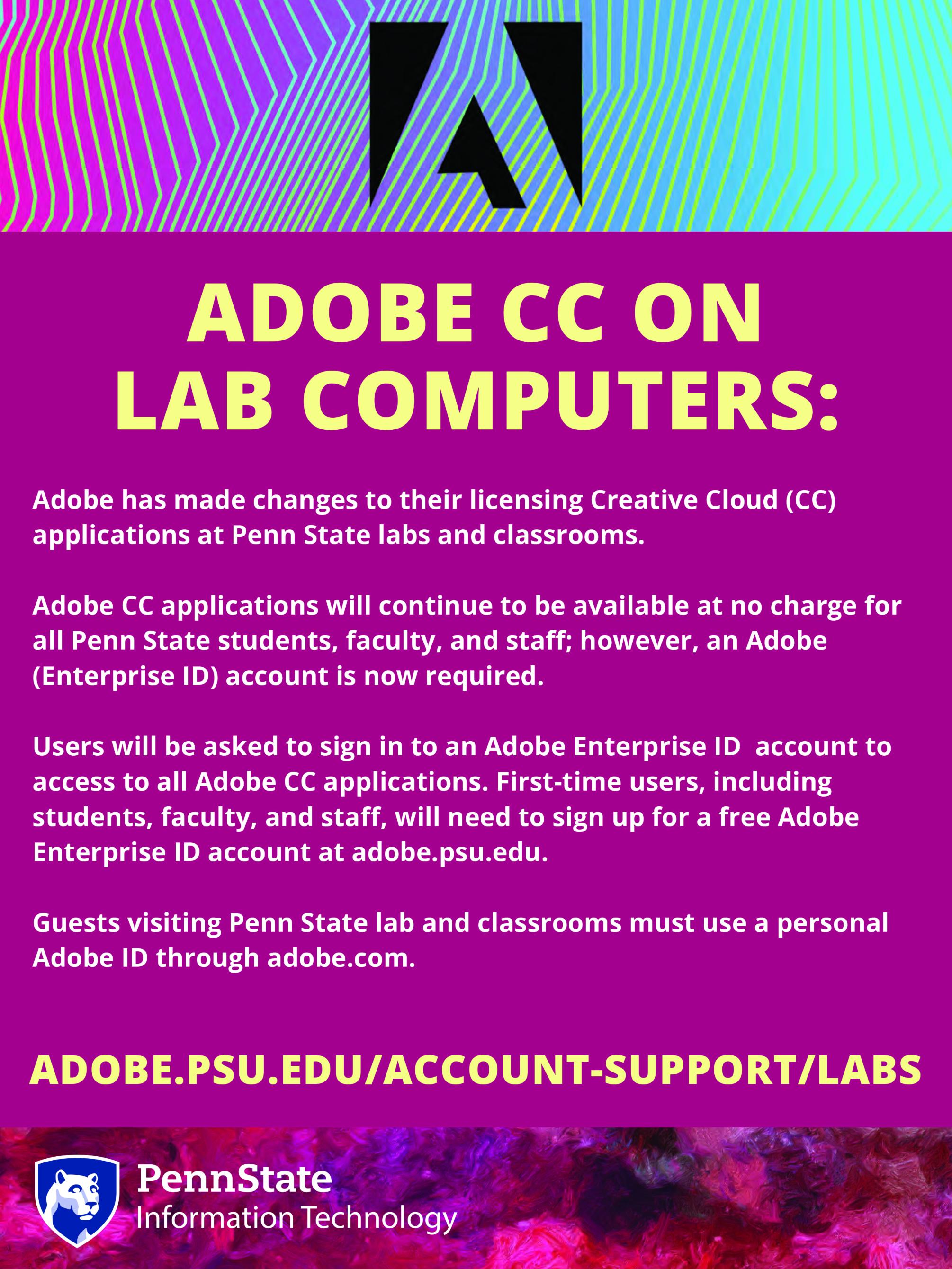 Adobe Creative Cloud poster for Penn State Labs about changes to sign in. Adobe Enterprise ID required for all applications.
