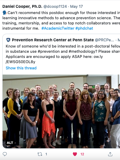 Can't recommend this postdoc enough for those interested in learning innovative methods to advance prevention science. The training, mentorship, and access to top notch collaborators were instrumental for me.