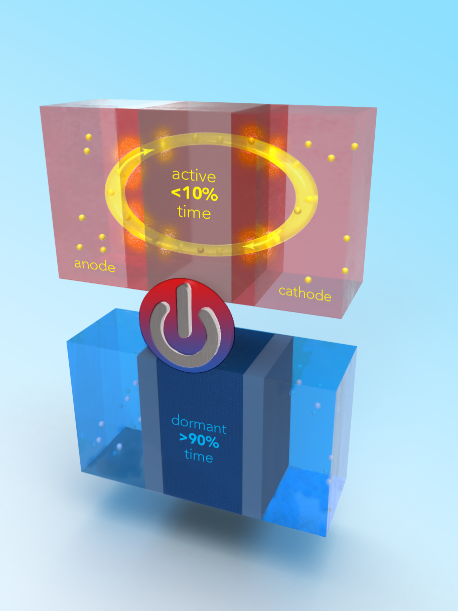 cool state of battery shown in blue, warm state in red