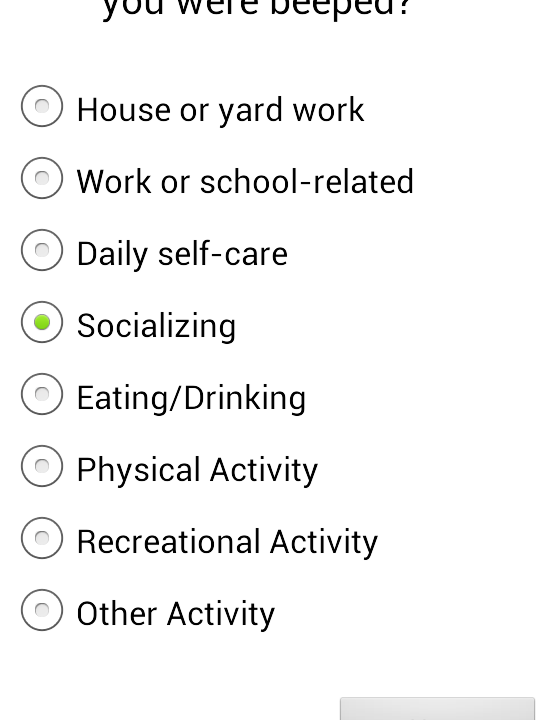 A mobile survey asks what the participant was doing when alerted