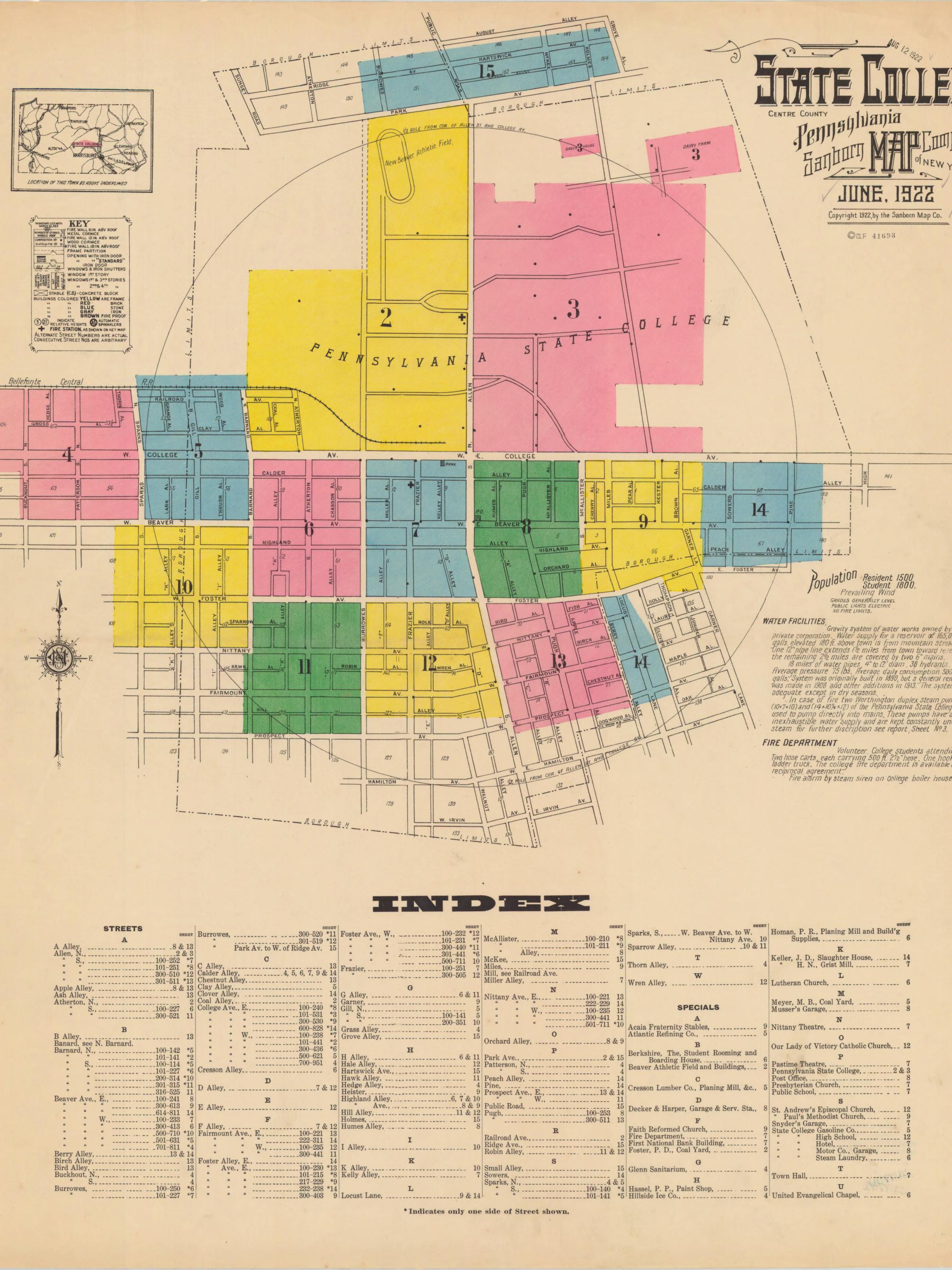 scan of June 1922 map by the Sanborn Map Company depicting State College, Pennsylvania