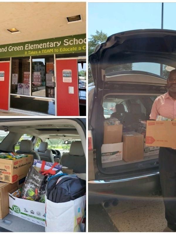A collage of three photos shows the front of 13th and Green Elementary School, a man standing behind a vehicle with its hatch door open holding a cardboard box full of school supplies, and boxes and bags of supplies inside the trunk of the vehicle.