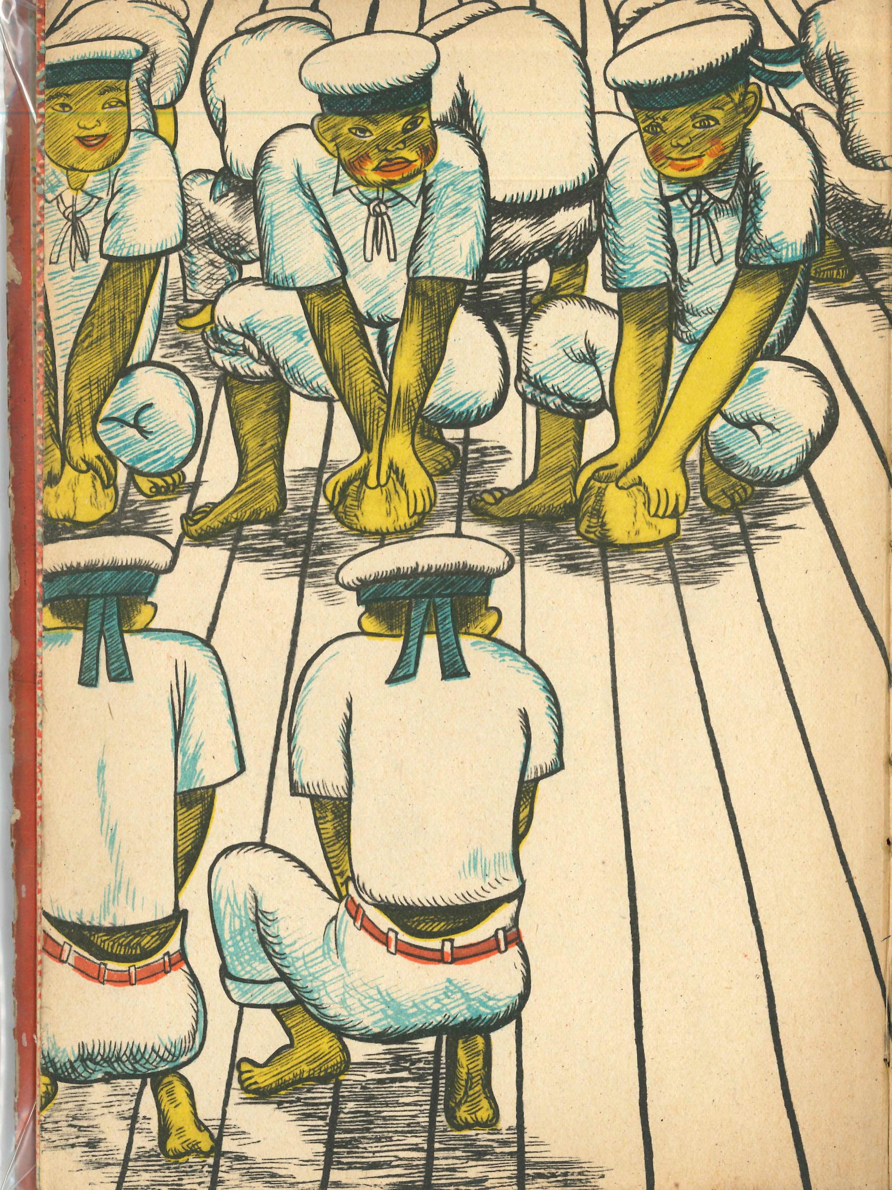 Sailors clean deck with coconut