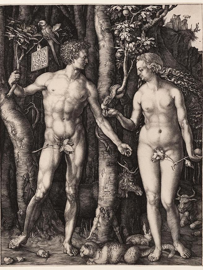 ​Albrecht Dürer, "Adam and Eve," 1504, engraving. Bequest of Charles J. Rosenbloom, 74.7.81. Image courtesy of Carnegie Museum of Art, Pittsburgh.