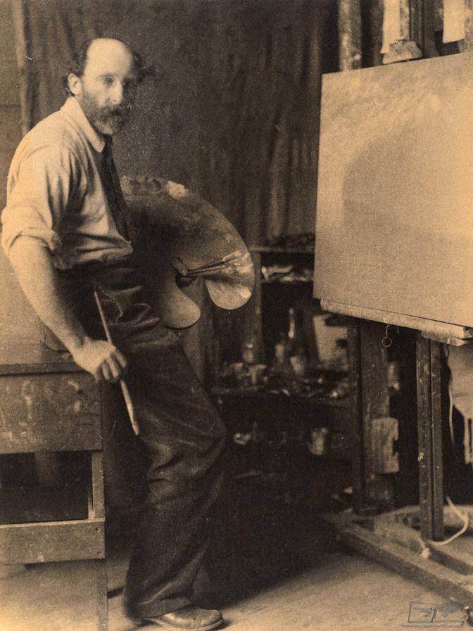 Eva Watson-Schütze, "Bolton Brown at His Easel," c. 1910, platinum print. Gift of Jon Randall Plummer, 2014.129.