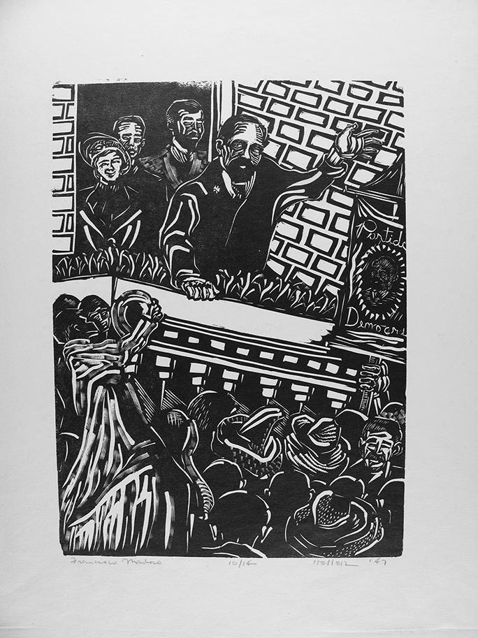 Jules Heller, "Francisco Madero," 1947, linocut. Image courtesy of the Jules Heller family.