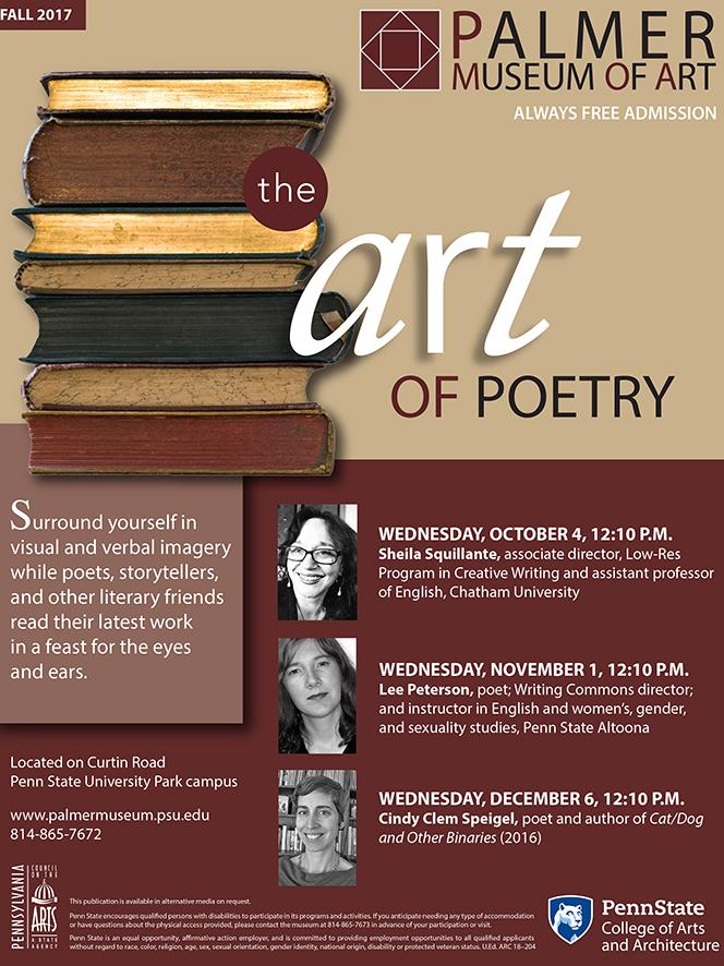 Fall 2017 readings will take place at the Palmer Museum of Art on Oct. 4, Nov. 1, and Dec. 6.