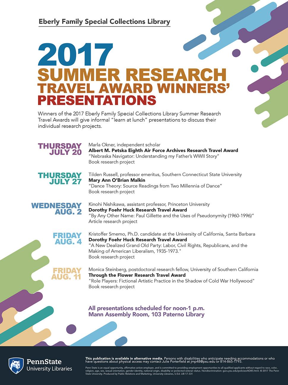 multi-colored promotional poster for "learn at lunch" presentations during 2017 summer