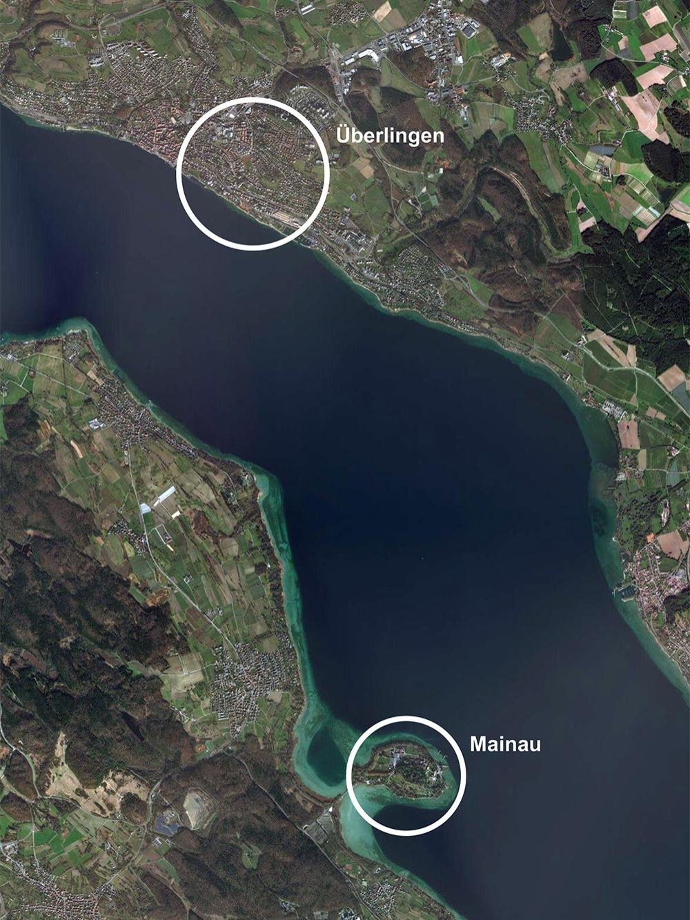 A map showing the German city of Überlingen along with Mainau Island.