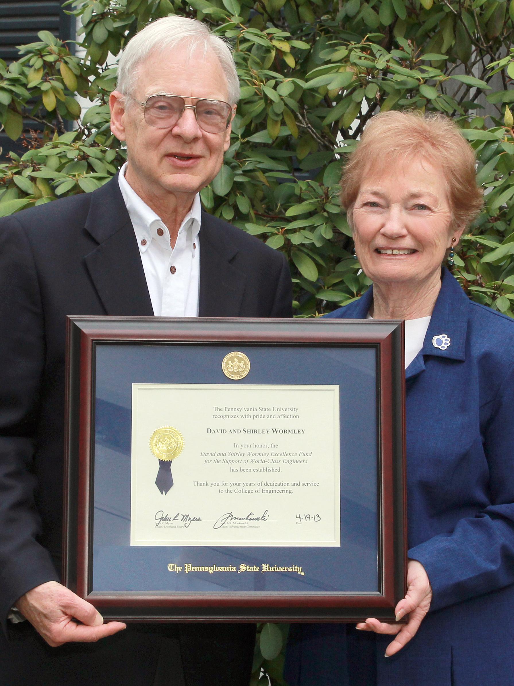 David and Shirley Wormley with framed fund certificate