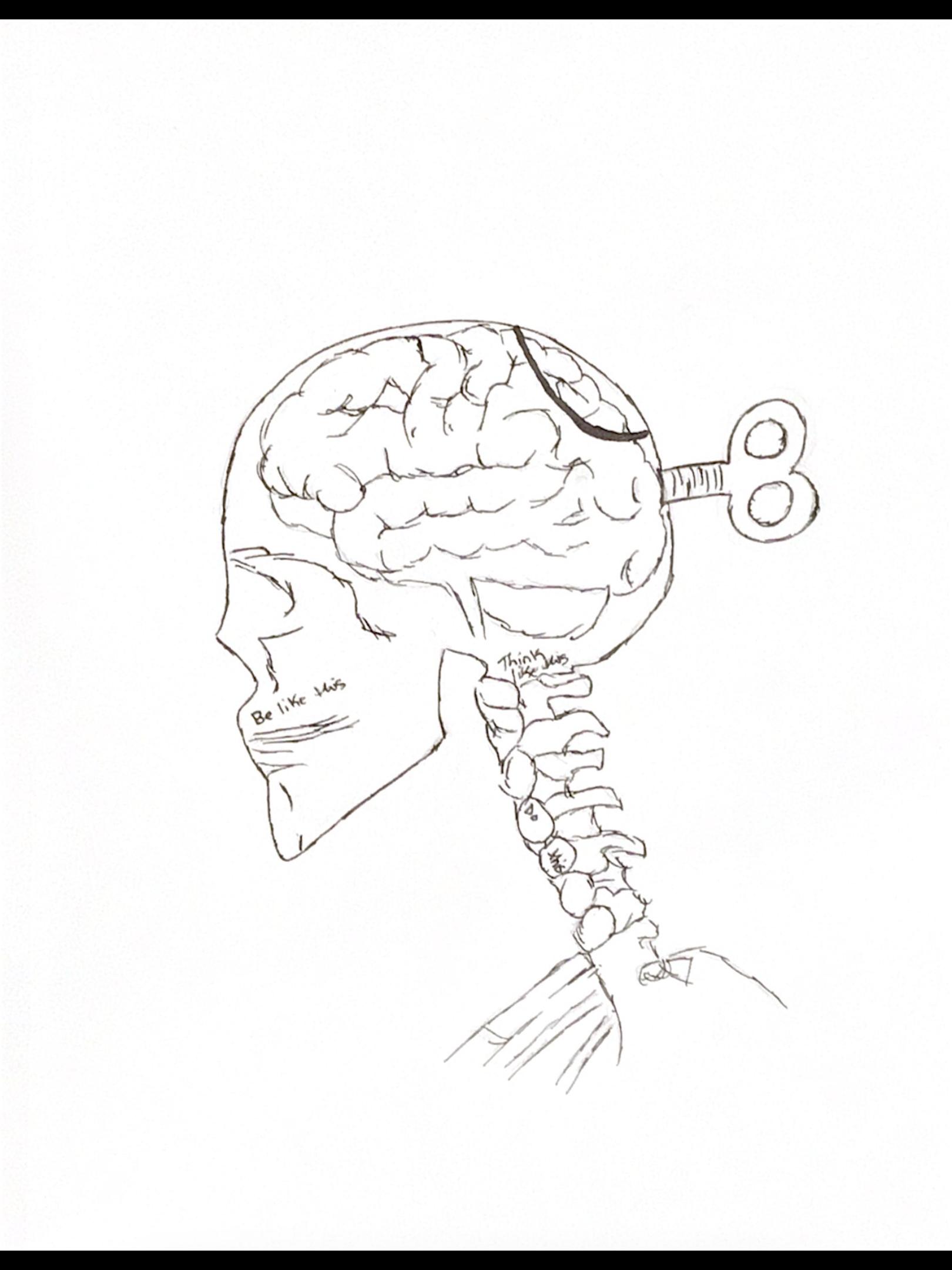 A hand drawn image of a skeleton with a brain and a turn nob coming out from the back of their head. 