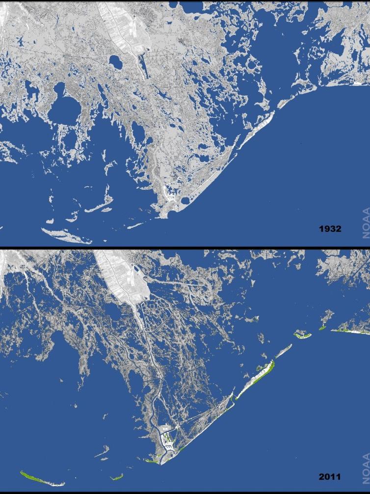 maps show how much land has been lost to the sea on Louisiana coast since 1932