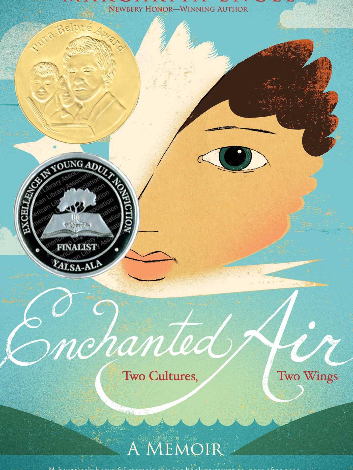 book cover of "Enchanted Air," illustration of woman's face superimposed on wing of white bird flying over water