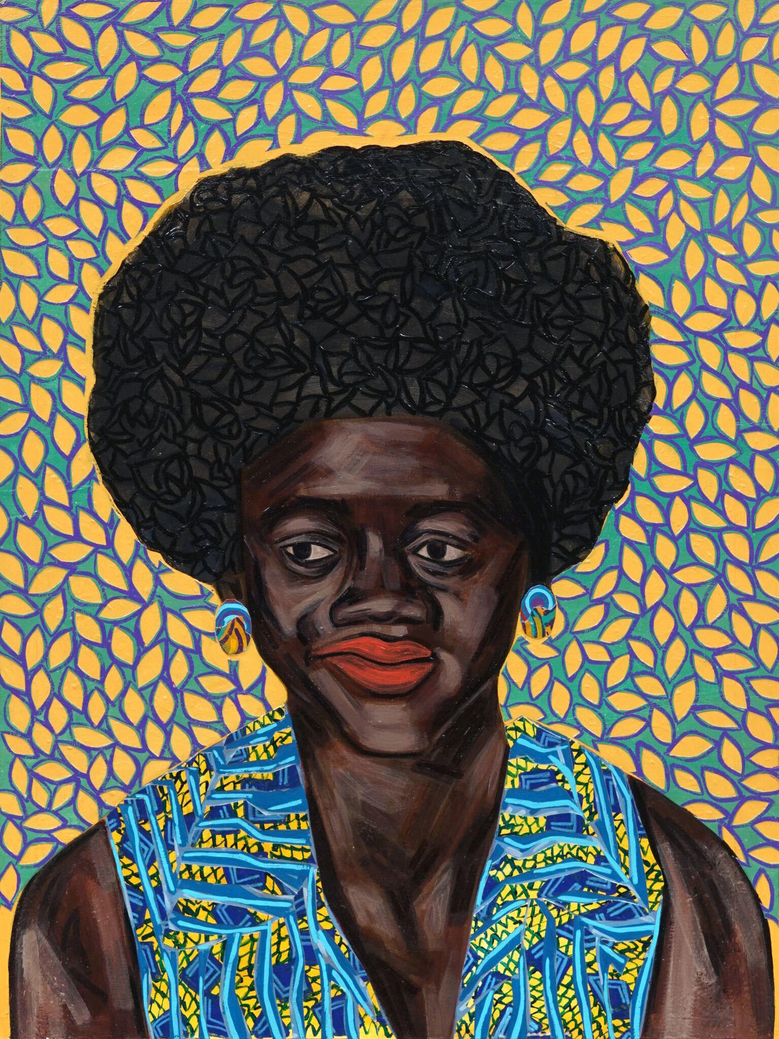 acrylic painting of woman on canvas with patterned background