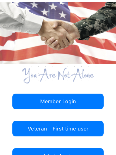 Log-in screen of the Ve-Care app where existing members can sign in or veterans can create a new profile