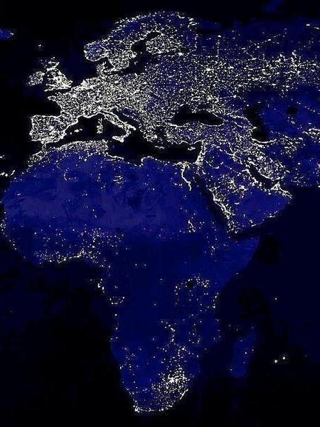 satellite view of Africa and Europe at night