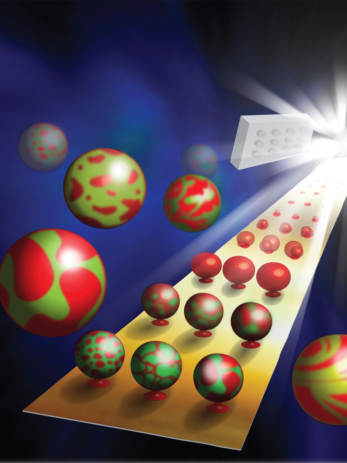 red and green orbs on a gold rectangle