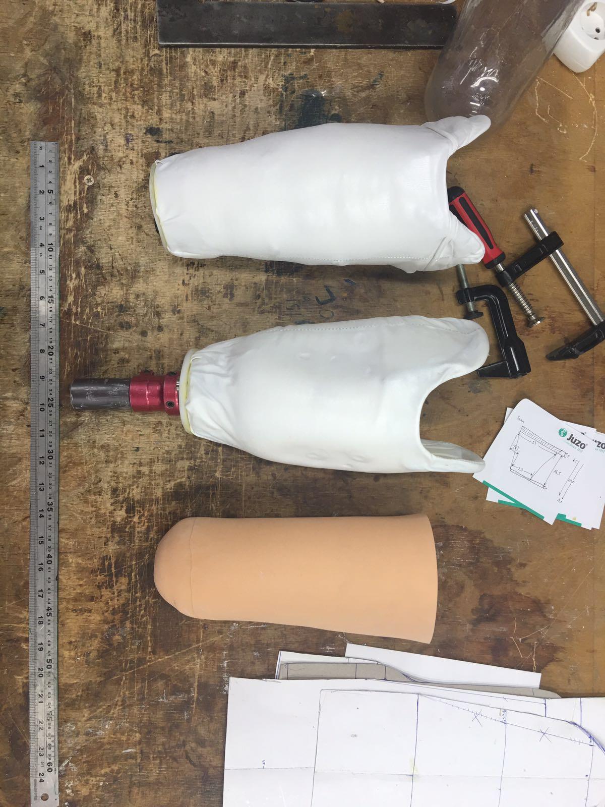 Various components of Amparo's remoldable prosthetic socket