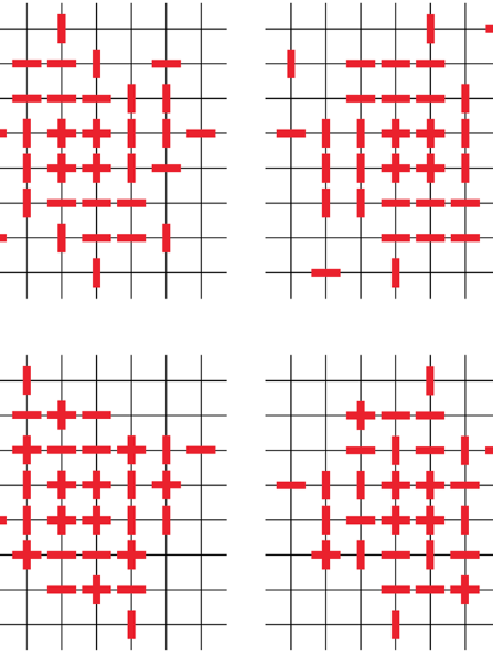 series of for grids with different yellow plot marks and lines on them in specific formations