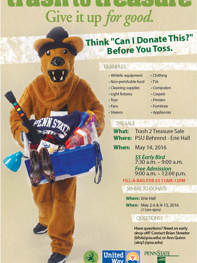 The local Trash to Treasure sale will be held in Penn State Behrend’s Erie Hall on Saturday, May 14.
