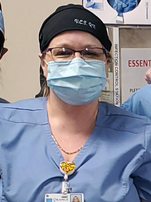 Photo of Virginia Sharff in her nursing scrubs