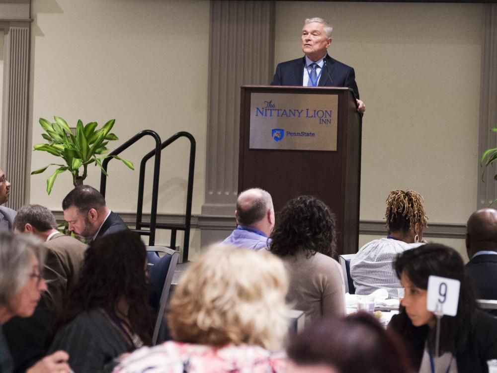 Penn State President Eric Barron addressing the Prison Education and Reentry Summit