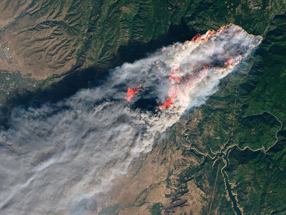 Aerial view of forest fire with streaming smoke