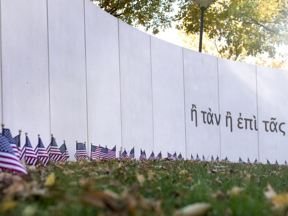 Flags placed at the Penn State Veterans Plaza at University Park