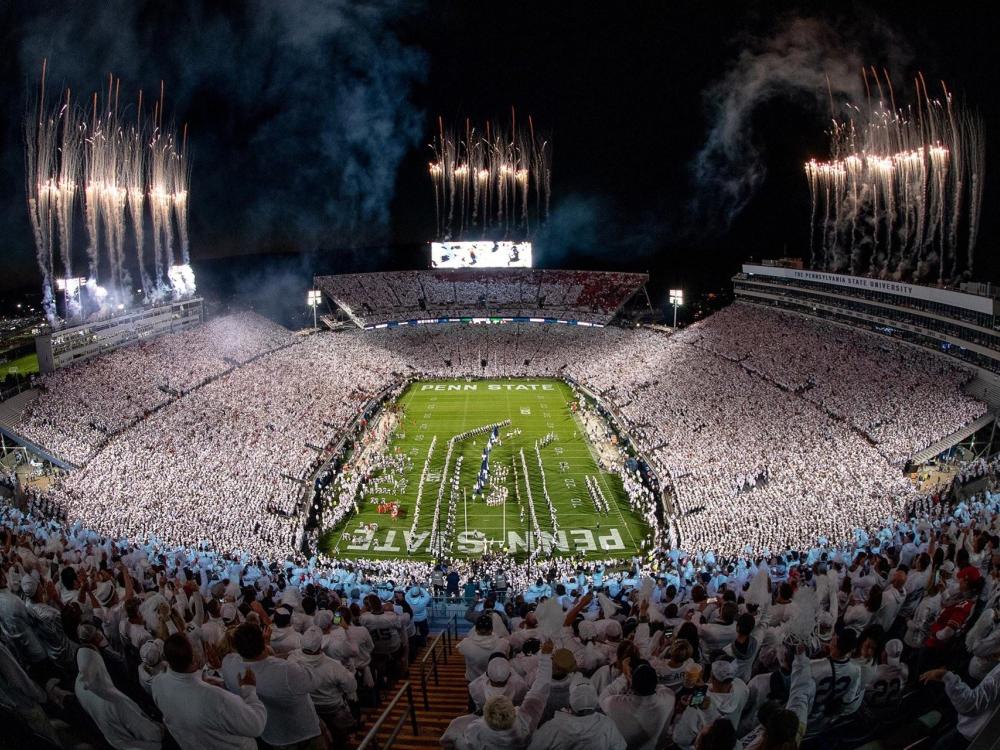 Beaver Stadium at night during the 2018 Penn State White Out Football Game