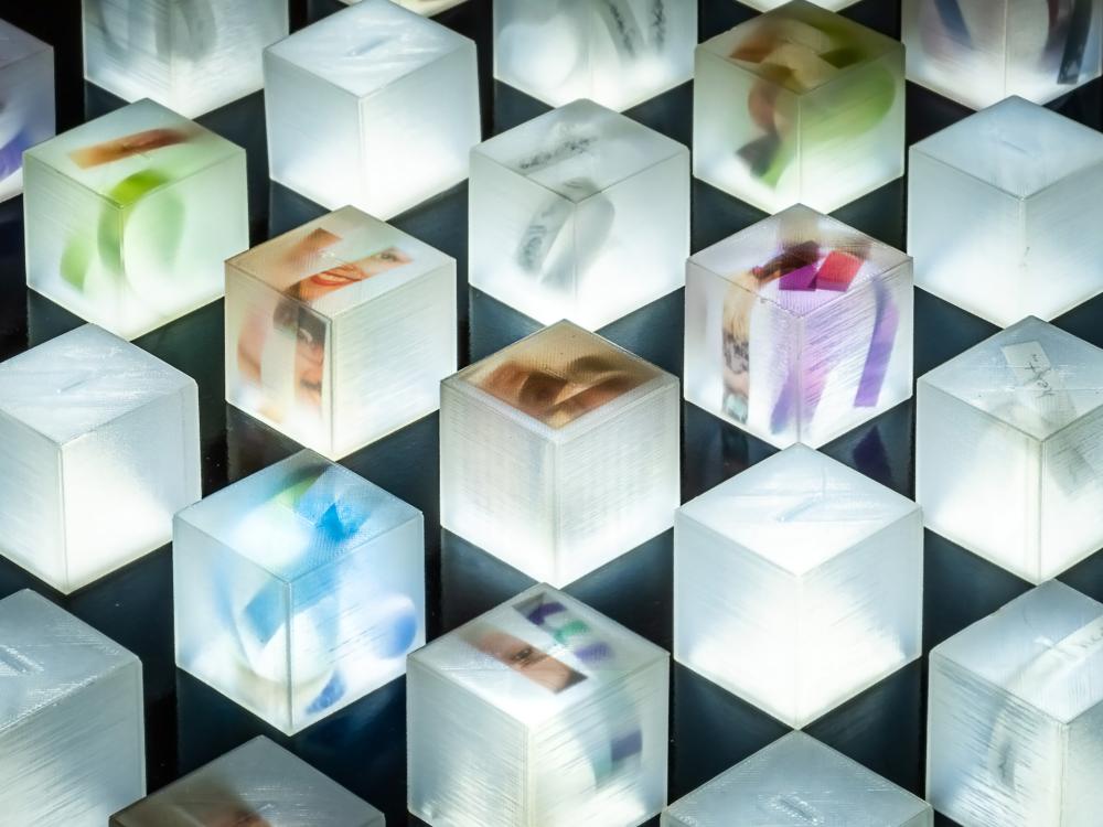 Cubes with art pieces housed inside