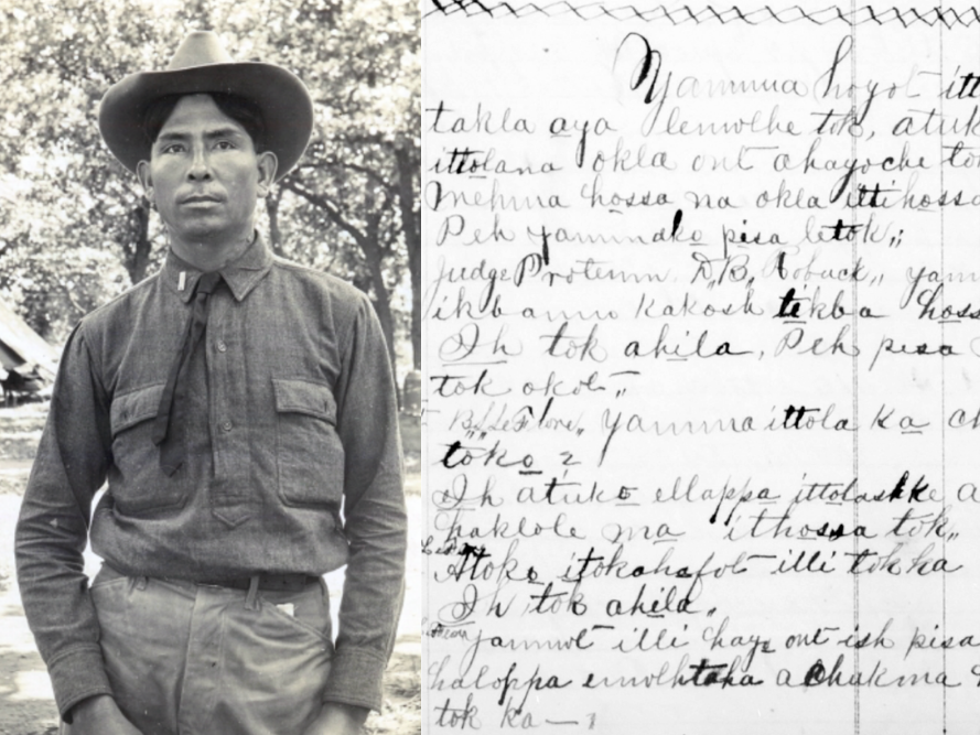 An old photo of William McClure wearing a hat and tie, next to some old handwritten Choctaw text.