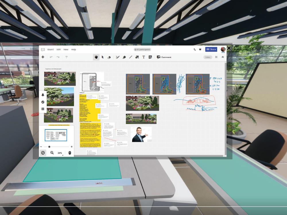 A rendering of a studio desk space with a white concept board overlay and two Zoom screens of the instructor.