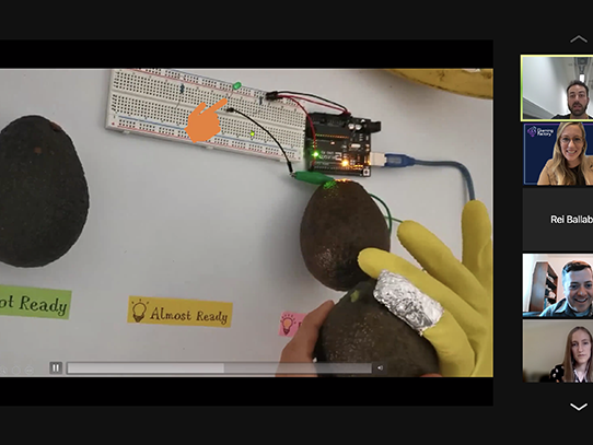 Screenshot of a Zoom meeting where a screen is shared to show a yellow glove holding an avocado