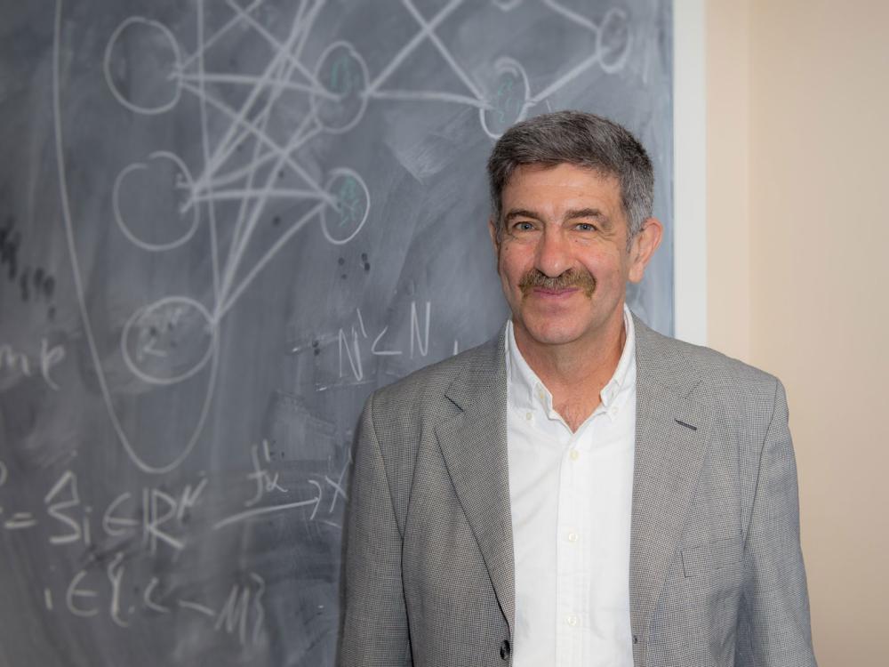 Berlyand stands in front of chalkboard