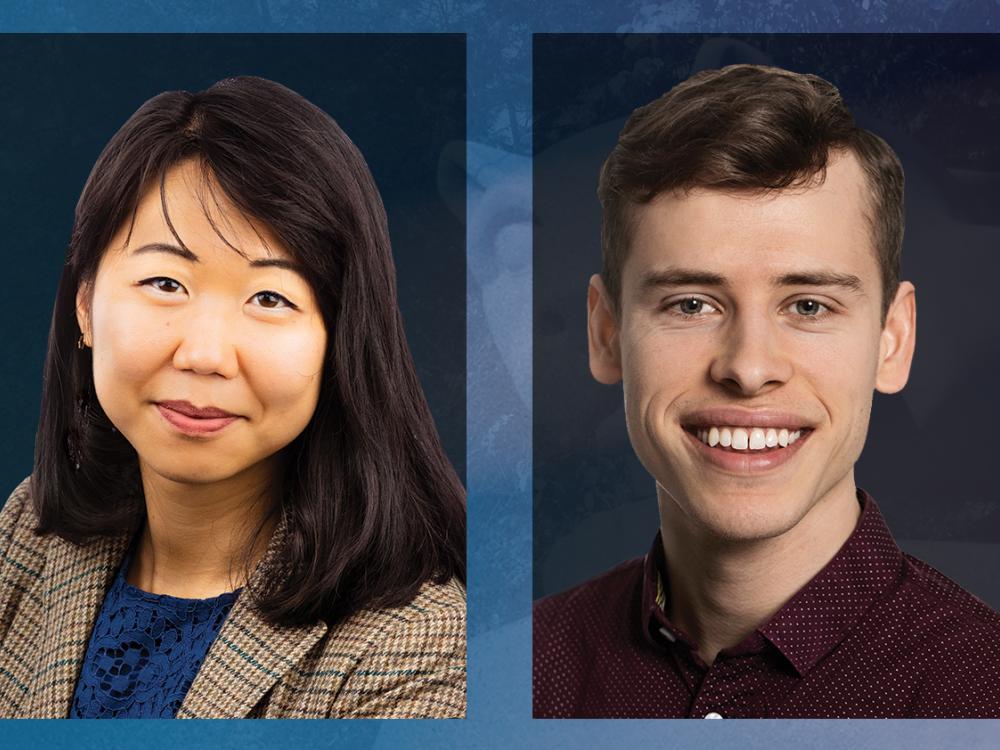 Compilation of two professional headshots, one showing a person with shoulder-length hair wearing a plaid blazer and the other with short hair wearing a burgundy buttoned shirt