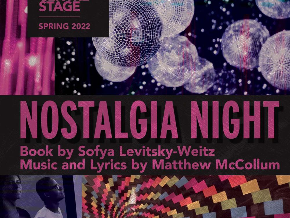 Nostalgia Night graphic with disco balls, and flashing light images