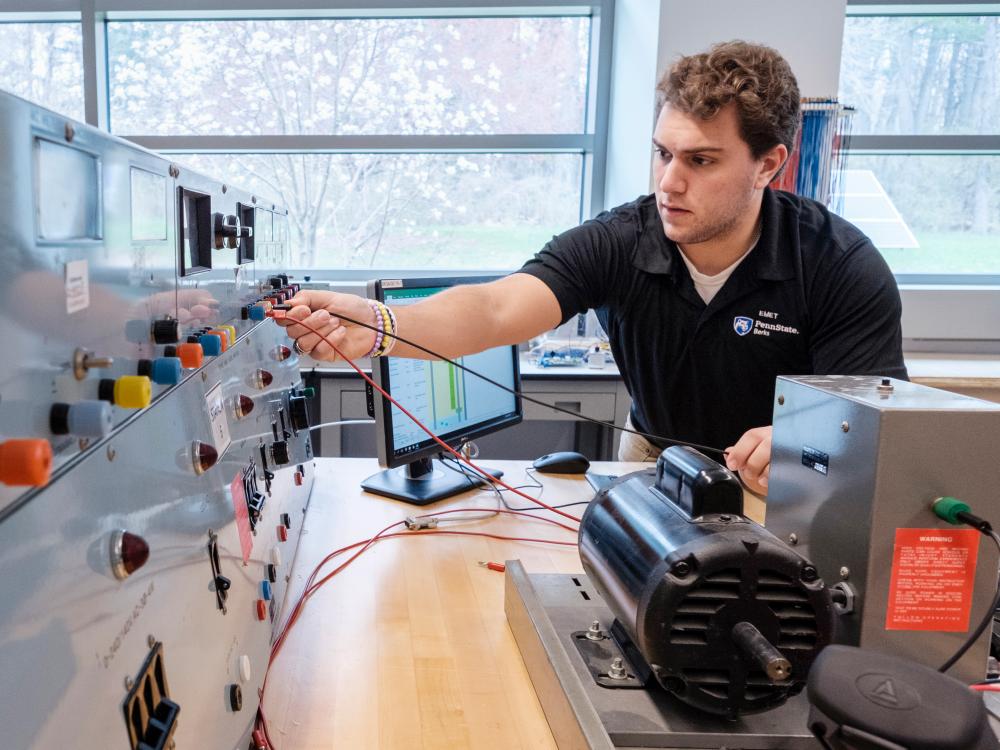 Engineering student Michael Aboulhouda works on a project during class. 