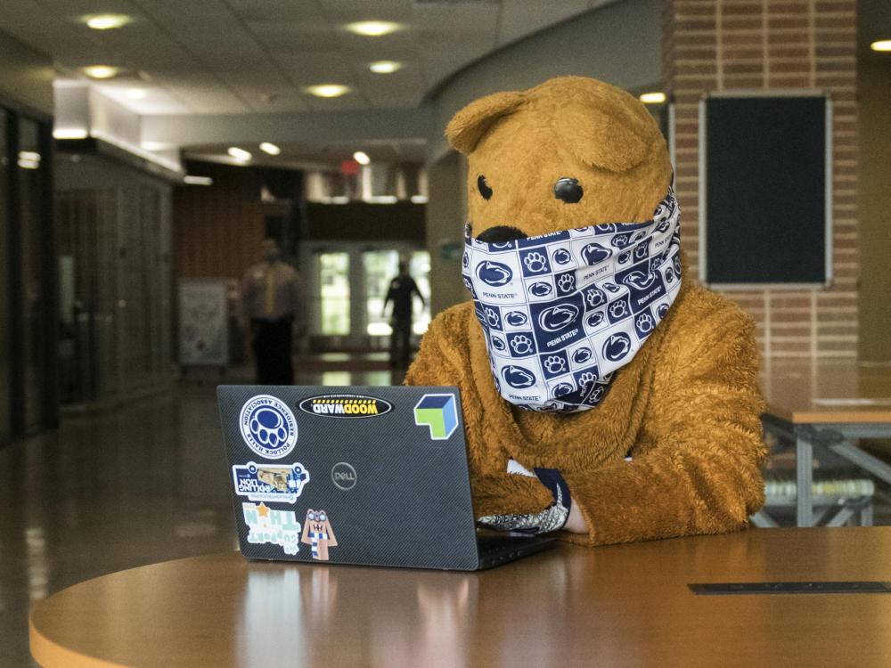 Nittany Lion with mask, working on laptop.