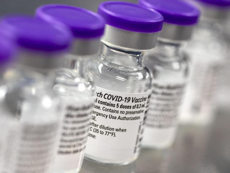 Row of vaccine vials with purple lids.