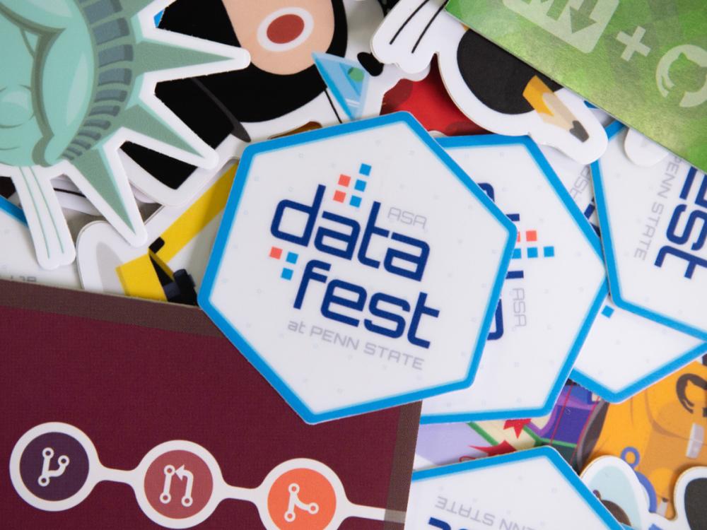 pile of DataFest stickers