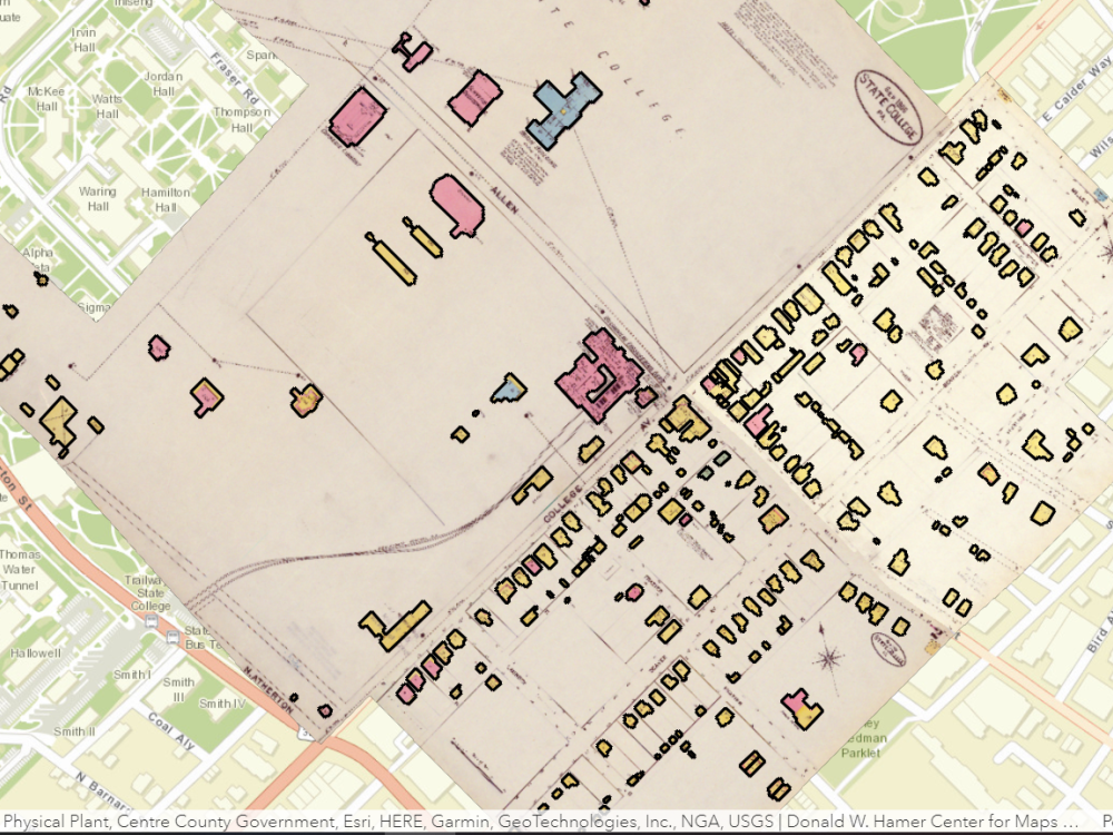 A map of State College, Pennsylvania, from 1906, showing the locations of buildings and roads, 