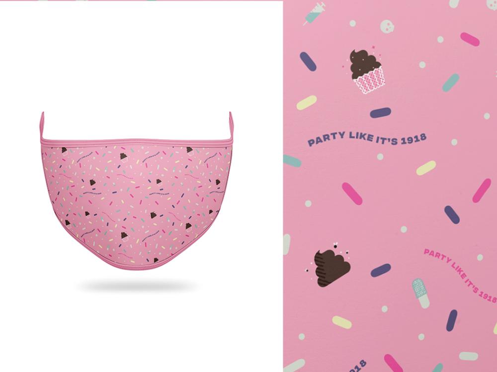 A split screen image of a pink face mask with the slogan Party Like it's 1918 featured among pieces of confetti at left. A closeup of the mask is on the right.