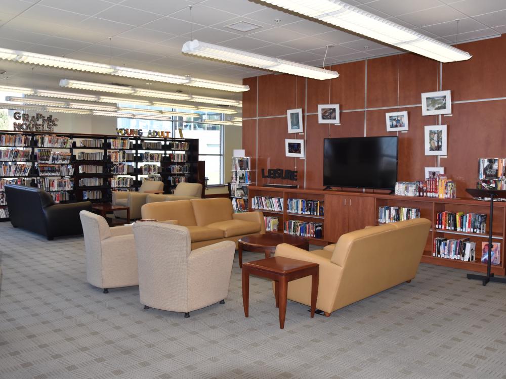 Couches, big screen TV, book stacks, and other chairs in the library.