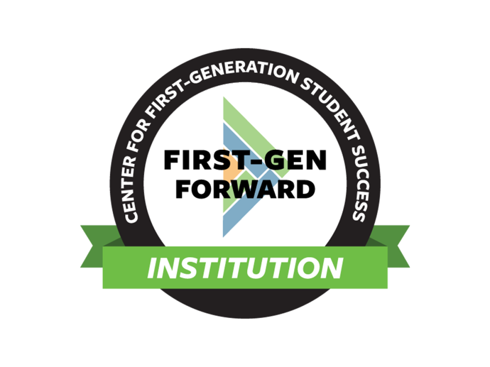 A green, black, and blue icon that reads "Center for First-generation Student Success First-gen Forward Institution"