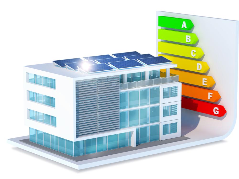 Illustration of building next to sustainability graph.